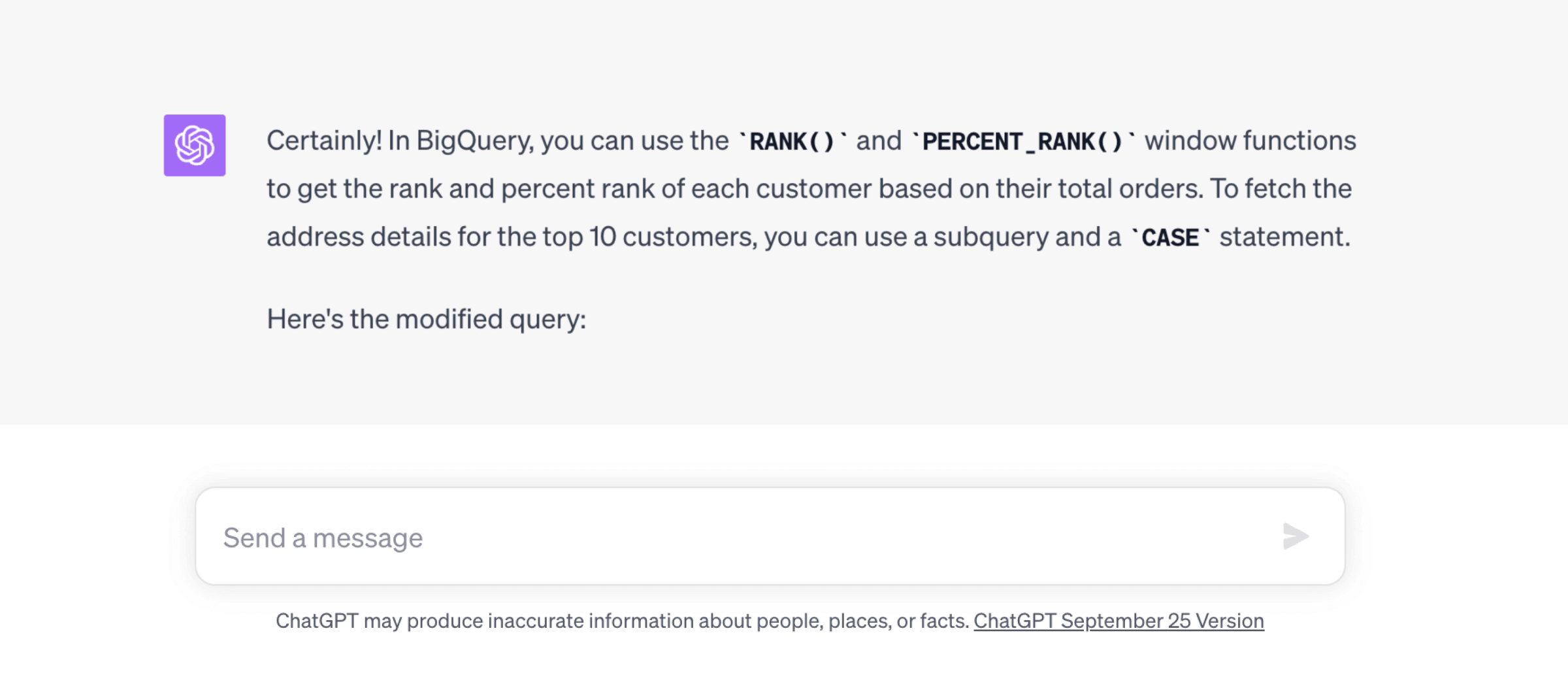 Asking ChatGPT to generate SQL queries with functions