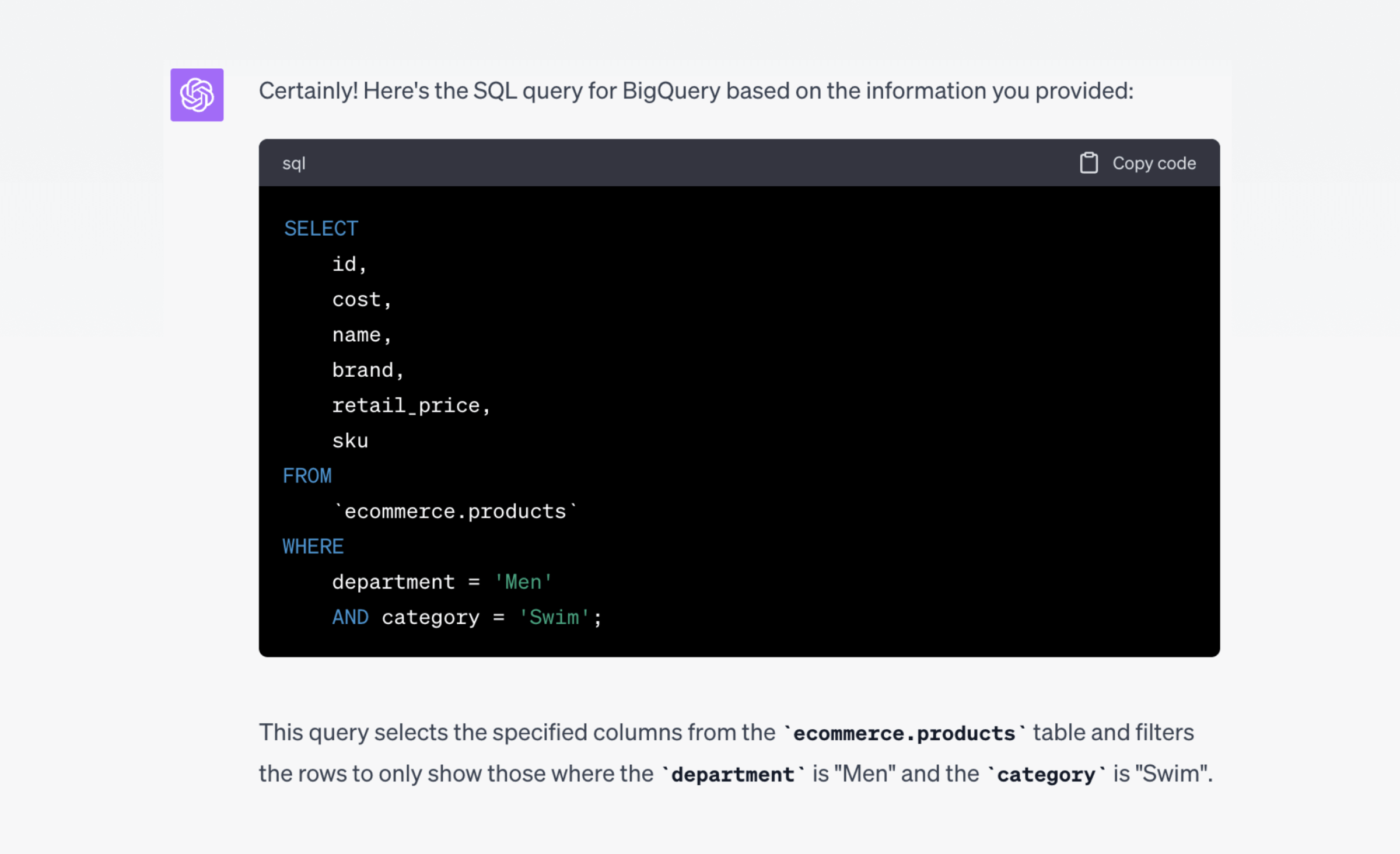 Asking ChatGPT to write a simple SQL select