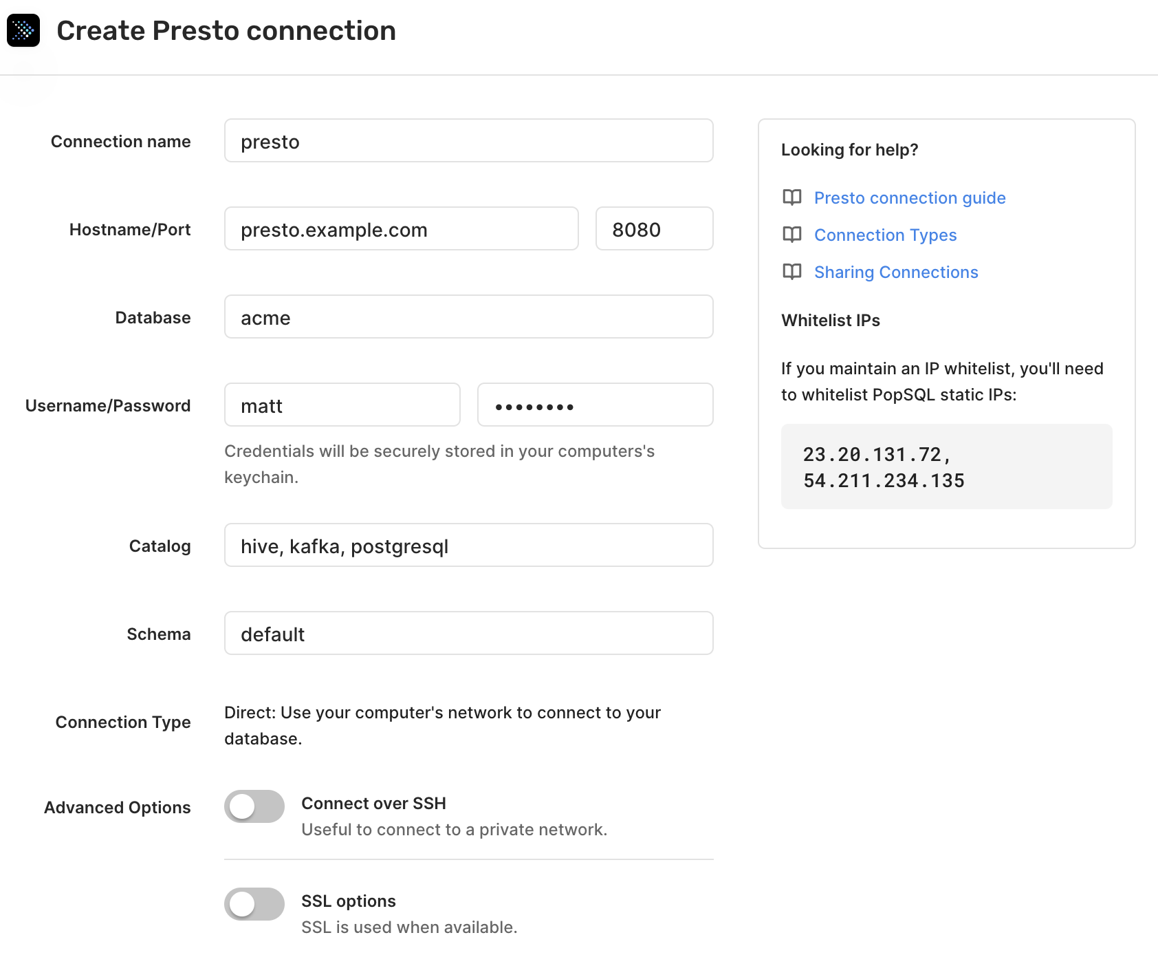 Screenshot of a sample Presto connection in the New Database Connection modal in PopSQL