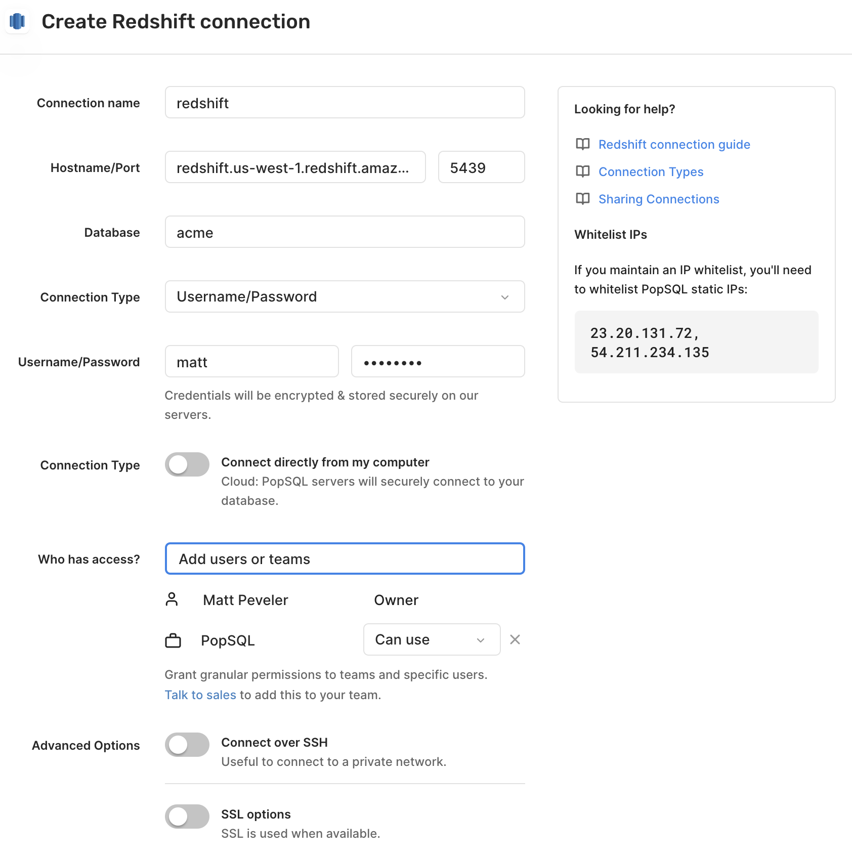 Screenshot of a sample Redshift connection in the New Database Connection modal in PopSQL