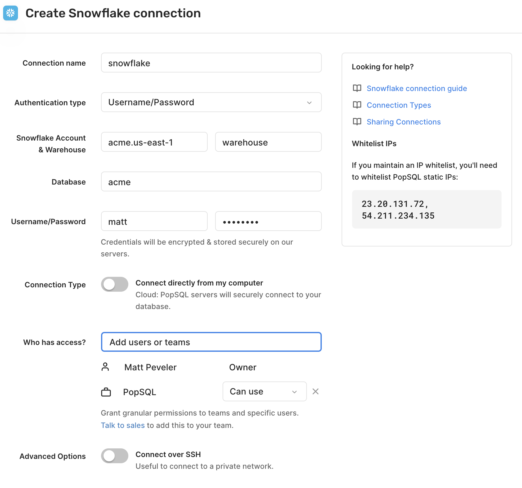 Screenshot of a sample Snowflake connection in the New Database Connection modal in PopSQL